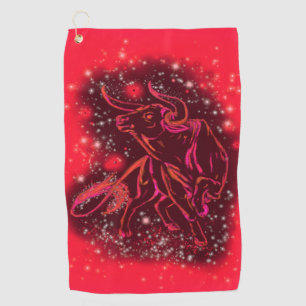 Bull Golf Towel Running In Red Starry Night
