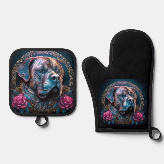 Bull Mastiff Peers Through A Time Portal Oven Mitt & Pot Holder Set (Front)
