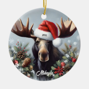Bull Moose in a Santa Hat Christmas Ceramic Tree Decoration