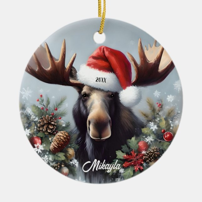 Bull Moose in a Santa Hat Christmas Ceramic Tree Decoration (Front)
