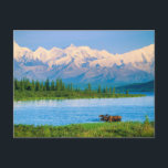 Bull moose in Wonder Lake Postcard<br><div class="desc">Wonder Lake,  Bull moose feeds on vegetation,  Alaska mountains in the distance,  Denali National Park,  Alaska</div>