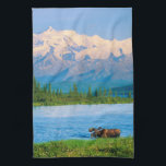 Bull moose in Wonder Lake Tea Towel<br><div class="desc">Wonder Lake,  Bull moose feeds on vegetation,  Alaska mountains in the distance,  Denali National Park,  Alaska</div>