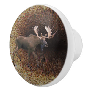 Bull Moose On Caribou Fur Ceramic Knob