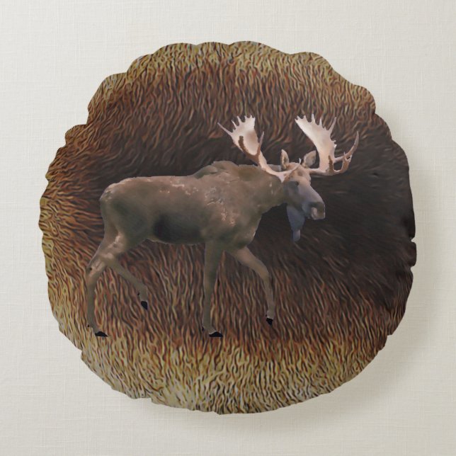 Bull Moose On Caribou Fur Round Cushion (Front)