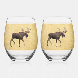 Bull Moose On Old Paper Stemless Wine Glass