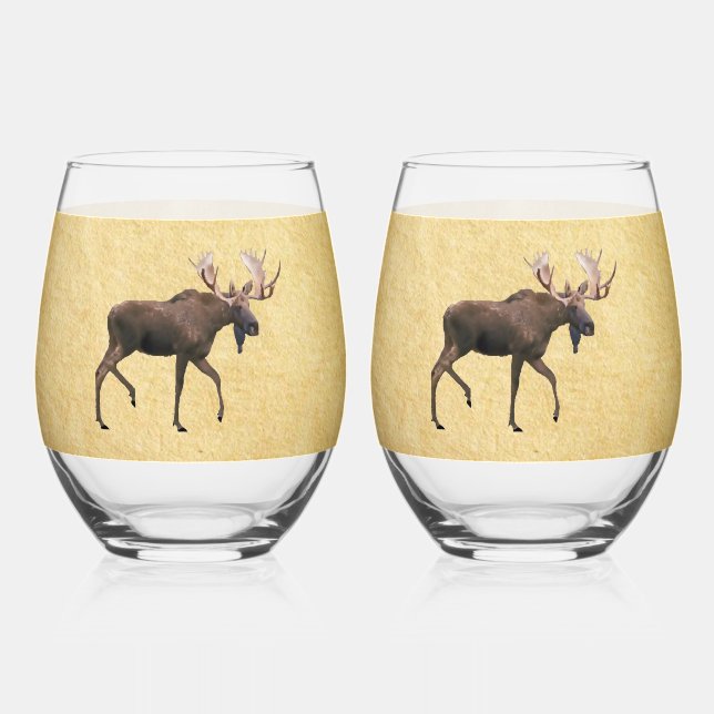 Bull Moose On Old Paper Stemless Wine Glass (Front)