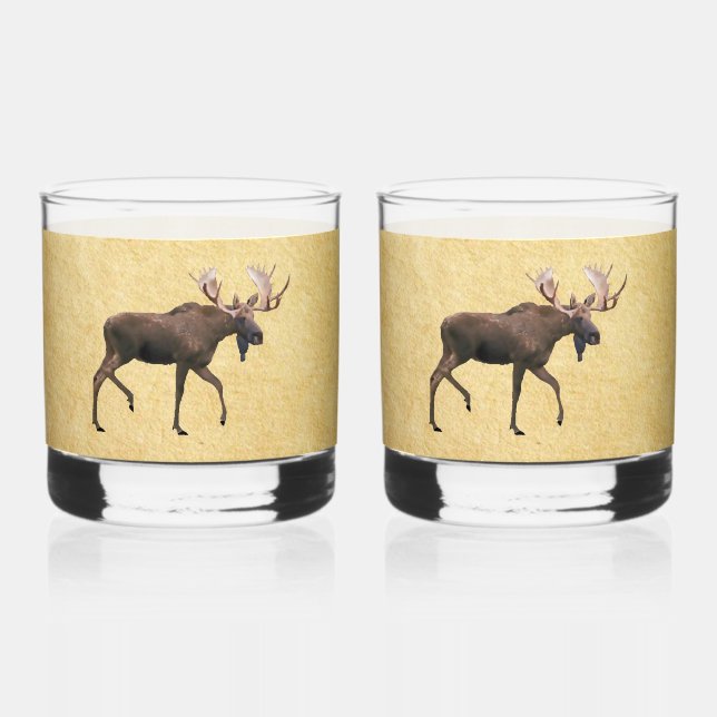 Bull Moose On Old Paper Whiskey Glass (Front)