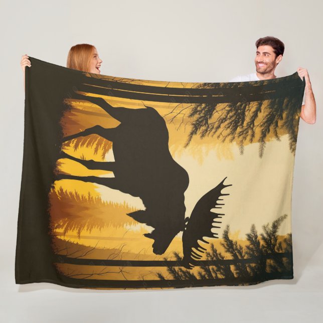 Bull Moose Silhouette Foggy Misty Forest Dawn Fleece Blanket (In Situ)
