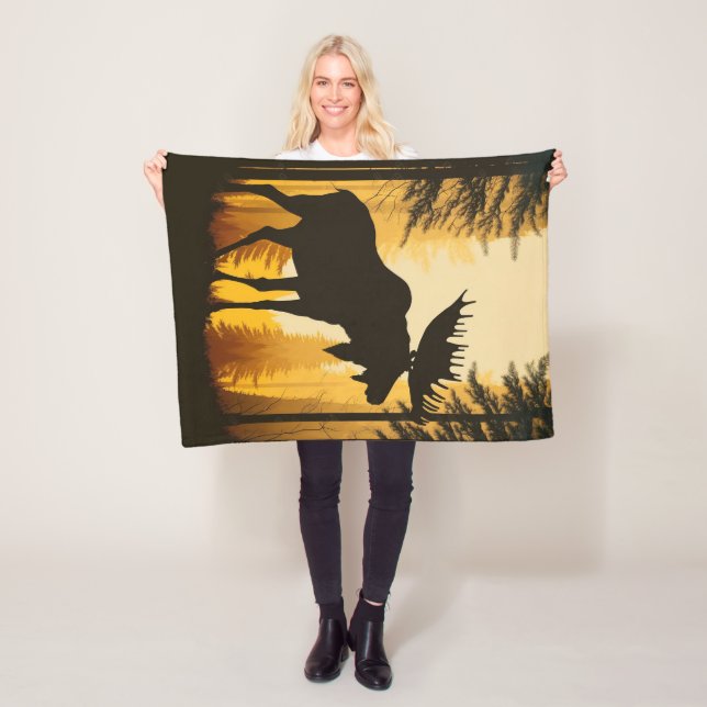 Bull Moose Silhouette Foggy Misty Forest Dawn Fleece Blanket (In Situ)