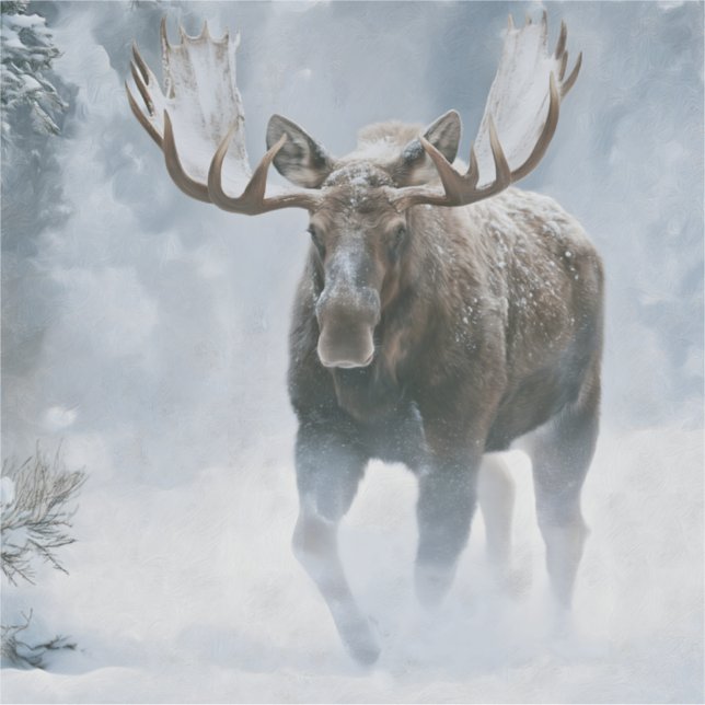 Bull Moose Walking Through Boreal Snow (Front)