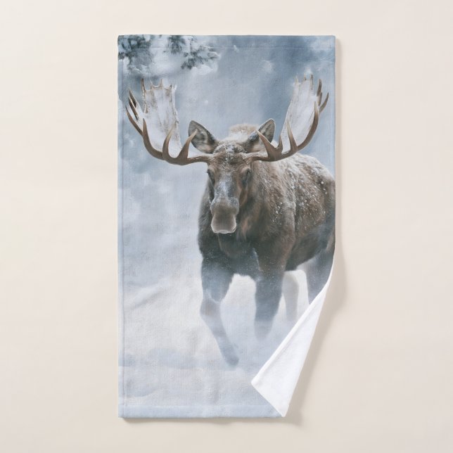 Bull Moose Walking Through Boreal Snow Bath Towel Set (Hand Towel)