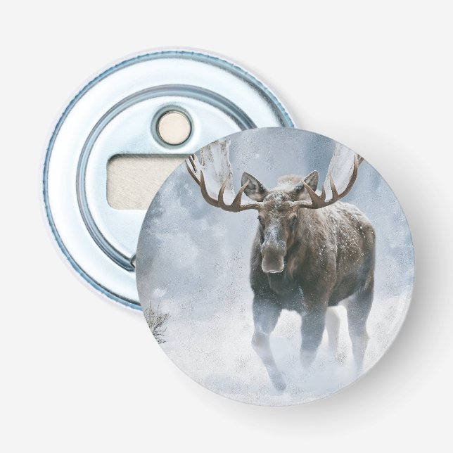 Bull Moose Walking Through Boreal Snow Bottle Opener (Front)