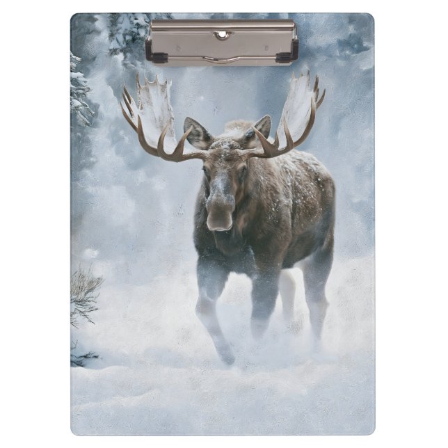 Bull Moose Walking Through Boreal Snow Clipboard (Front)