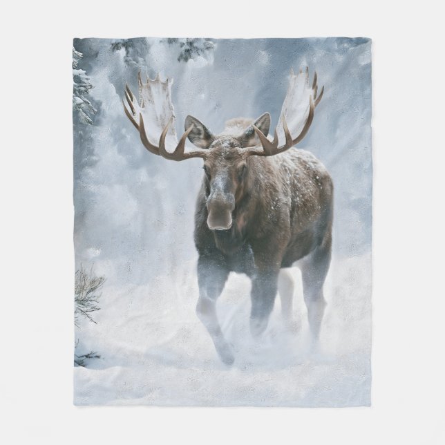 Bull Moose Walking Through Boreal Snow Fleece Blanket (Front)