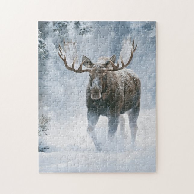 Bull Moose Walking Through Boreal Snow Jigsaw Puzzle (Vertical)