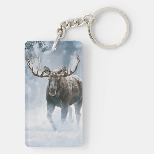 Bull Moose Walking Through Boreal Snow Key Ring (Back)