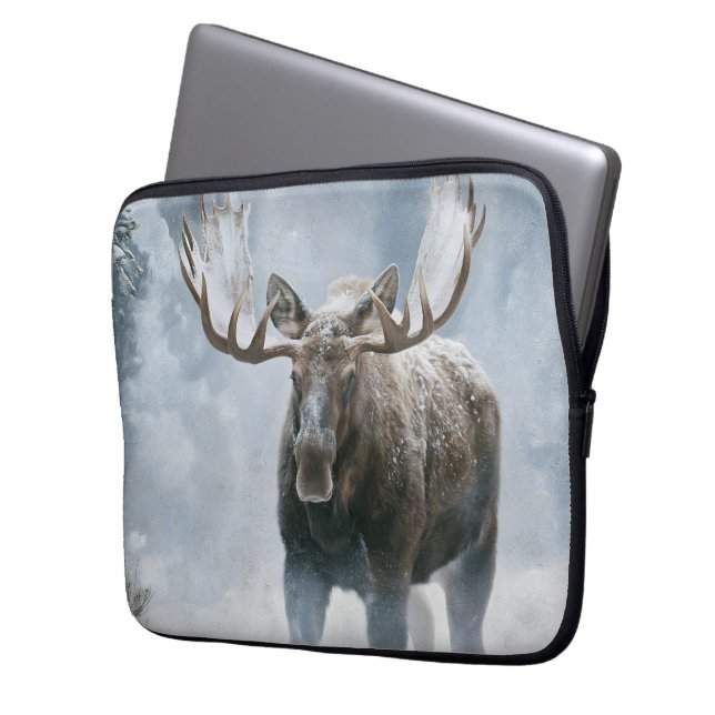 Bull Moose Walking Through Boreal Snow Laptop Sleeve (Front Left)