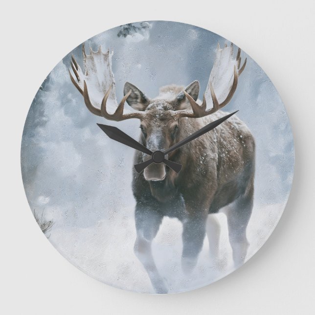 Bull Moose Walking Through Boreal Snow Large Clock (Front)