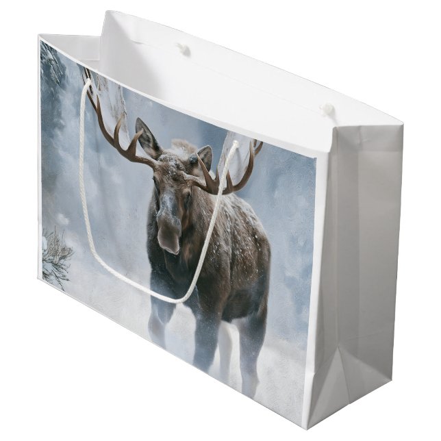 Bull Moose Walking Through Boreal Snow Large Gift Bag (Front Angled)