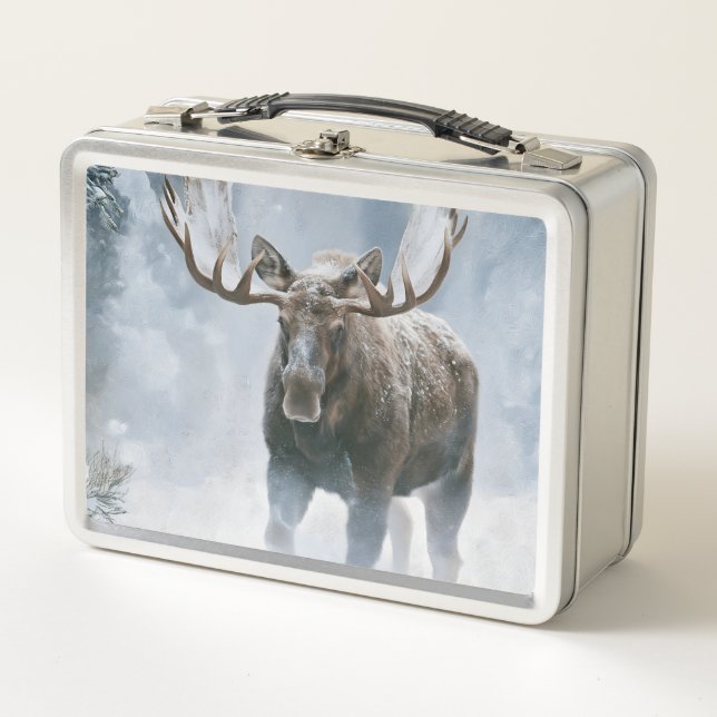 Bull Moose Walking Through Boreal Snow Metal Lunch Box (Front)