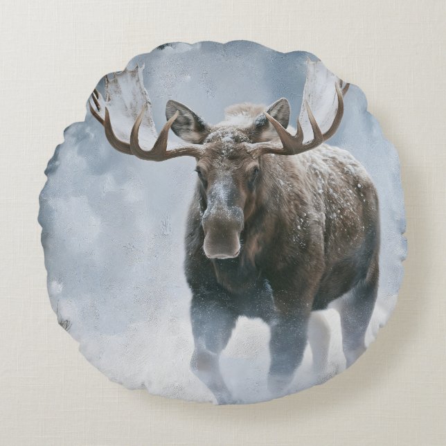Bull Moose Walking Through Boreal Snow Round Cushion (Front)