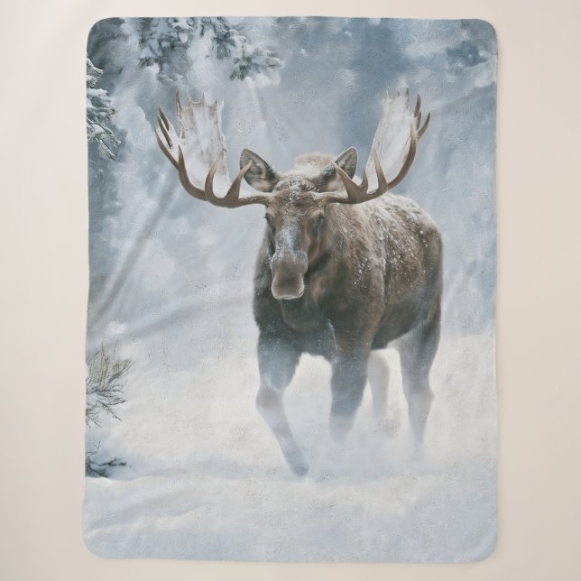 Bull Moose Walking Through Boreal Snow Sherpa Blanket (Front)