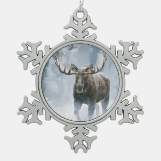 Bull Moose Walking Through Boreal Snow Snowflake Pewter Christmas Ornament