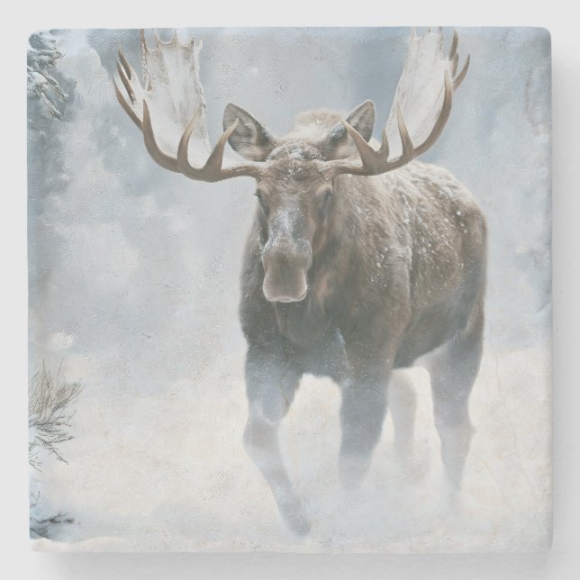 Bull Moose Walking Through Boreal Snow Stone Coaster (Front)