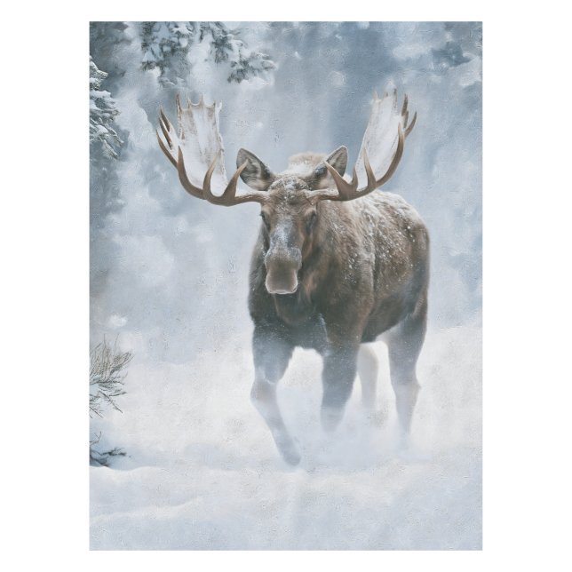 Bull Moose Walking Through Boreal Snow Tablecloth (Front)