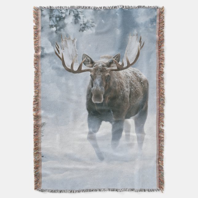 Bull Moose Walking Through Boreal Snow Throw Blanket (Front Vertical)