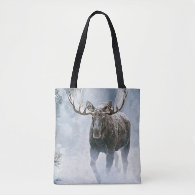 Bull Moose Walking Through Boreal Snow Tote Bag (Front)