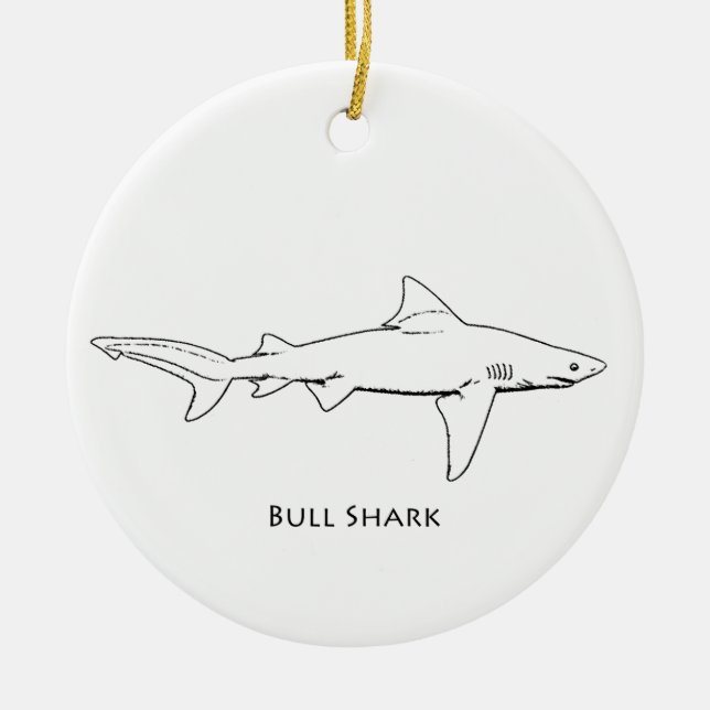 Bull Shark (line art) Ceramic Tree Decoration (Front)