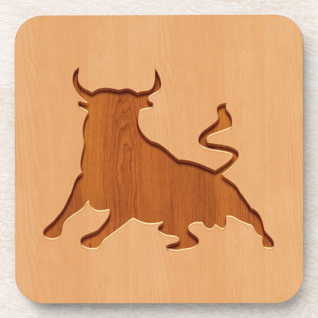 Bull silhouette engraved on wood design coaster (Front)
