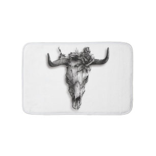 Bull Skull and Rose black and white Bath Mat