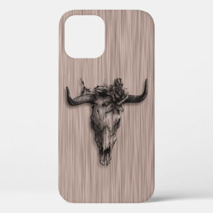 Bull Skull and Rose on Fibre patterned background iPhone 12 Case