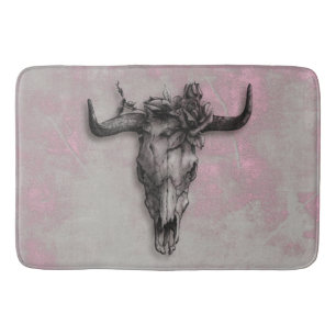 Bull Skull and Rose Rustic Pink Grey Bath Mat