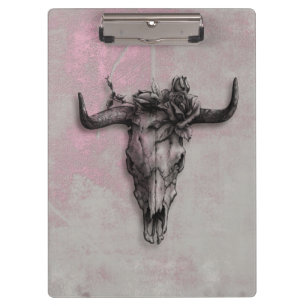 Bull Skull and Rose Rustic Pink Grey Clipboard