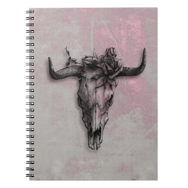 Bull Skull and Rose Rustic Pink Grey Notebook (Front)