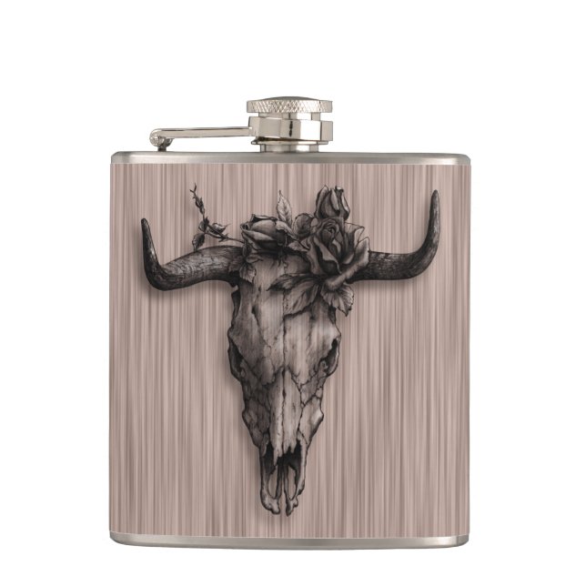 Bull Skull and Rose with Fibre pattern Hip Flask (Front)