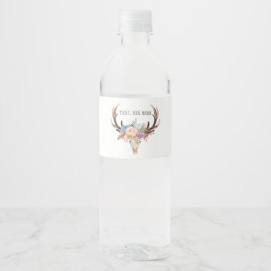 bull skull, antler, boho Flower, bohemian floral Water Bottle Label