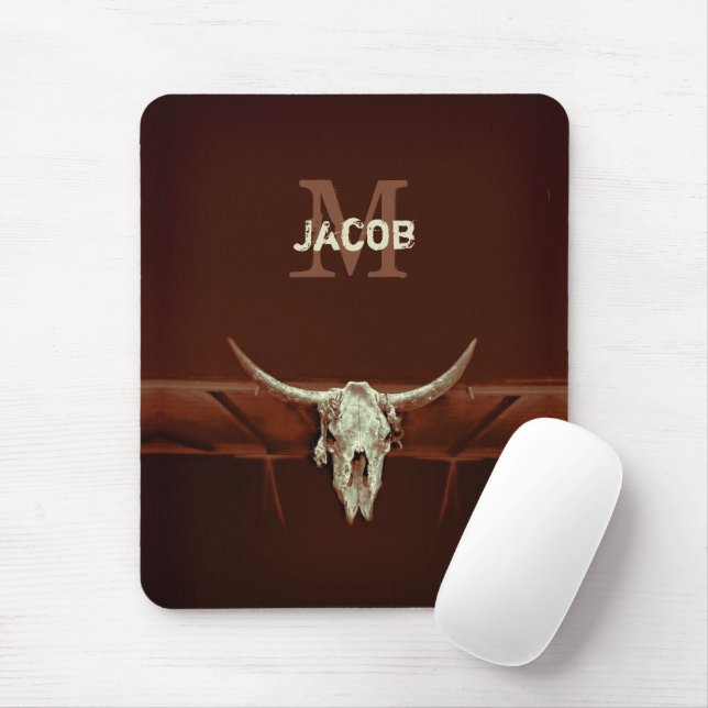 Bull Skull Brown Monogram Rustic Western Country Mouse Pad (With Mouse)
