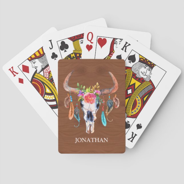 Bull Skull Horns And Flowers on Wood Playing Cards (Back)