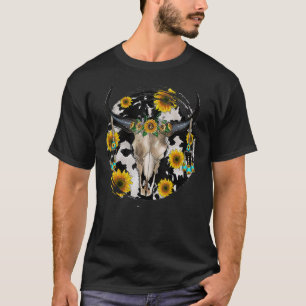 Bull Skull Leopard Cowhide Sunflower Western T-Shirt