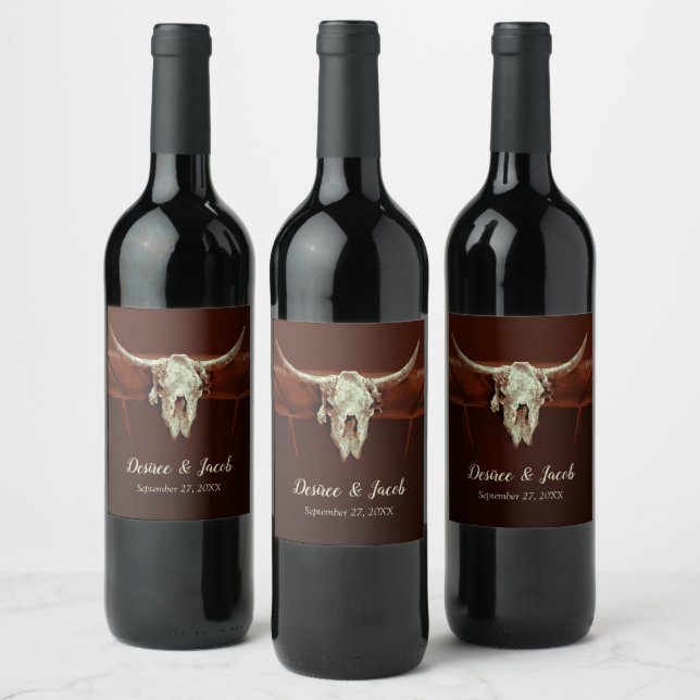 Bull Skull Wedding Rustic Brown Country Western Wine Label (Bottles)