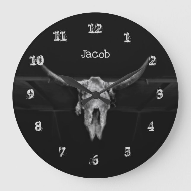 Bull Skull Western Black And White Rustic Country Large Clock (Front)