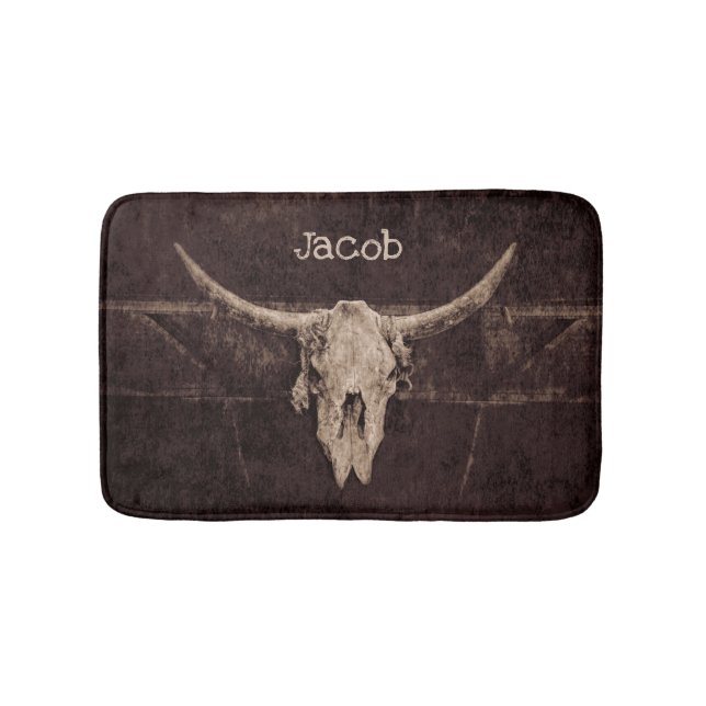 Bull Skull Western Country Brown Beige Old Rustic Bath Mat (Front)