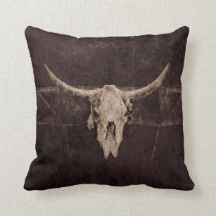 Bull Skull Western Country Brown Beige Old Rustic Cushion