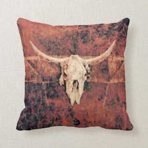 Bull Skull Western Country Brown Black Rustic Art Cushion