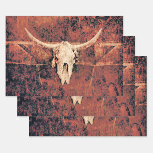 Bull Skull Western Country Brown Black Rustic Art Wrapping Paper Sheet