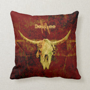 Bull Skull Western Country Brown Rustic Monogram Cushion